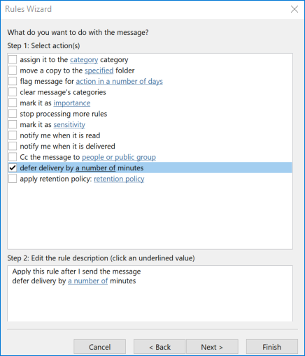 Outlook rule - defer delivery by a number of minutes