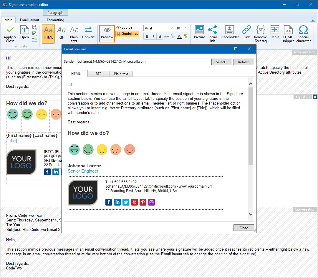 Preview of the email signature with Simplesat survey