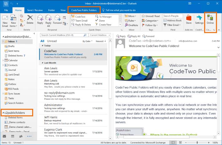 CodeTwo Public Folders addin visible in Outlook 2016.