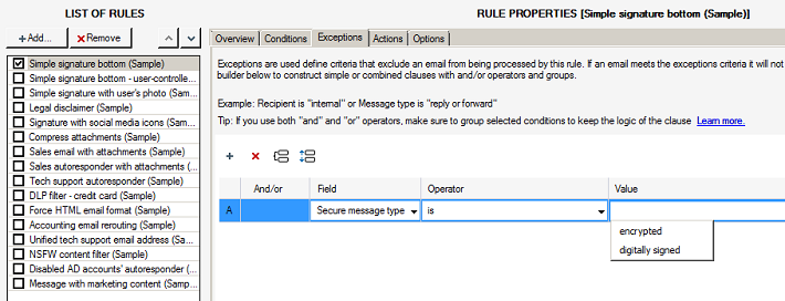 CodeTwo Exchange Rules PRO: Exceptions for secure messages