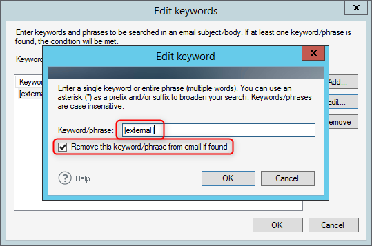 Set up a keyword to be removed from the email subject or body.