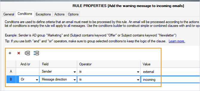Set up conditions to add a warning message to incoming emails. 