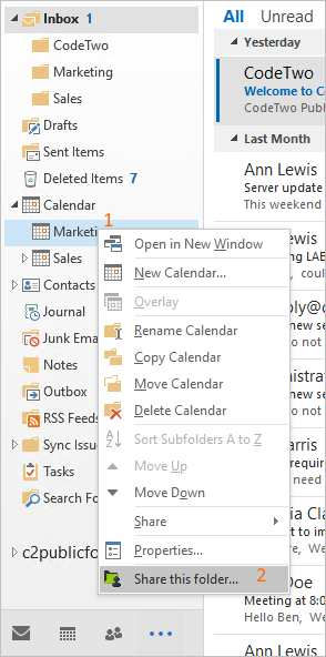 Share your calendar in Outlook 2016.