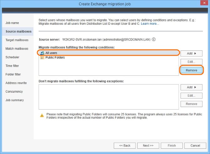 Select source mailboxes