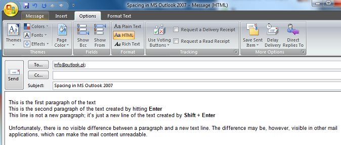 Spaces in a MS Outlook 2007 e-mail message