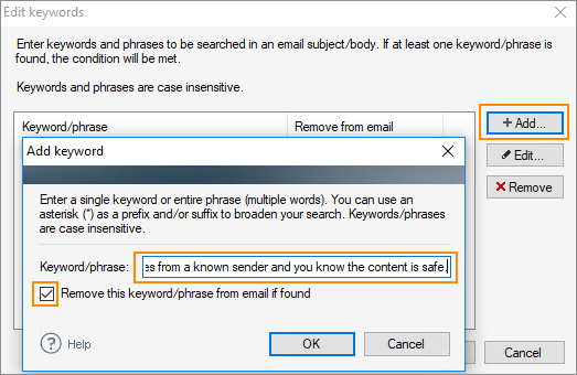 Specify a keyword for the warning message