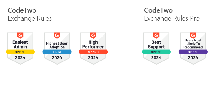 G2 Spring 2024 awards for CodeTwo Exchange Rules and CodeTwo Exchange Rules Pro