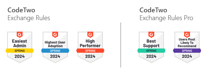 G2 Spring 2024 awards for CodeTwo Exchange Rules and CodeTwo Exchange Rules Pro