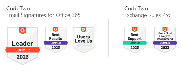 Summer 2023 G2 Badges for CodeTwo's email signature tools. 