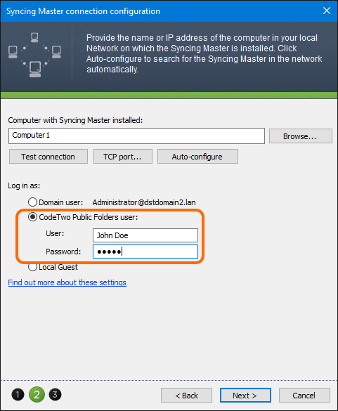 Log in to the Syncing Master with already created user's credentials.