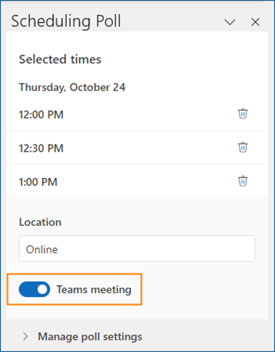 Teams meeting toggle in Scheduling Poll