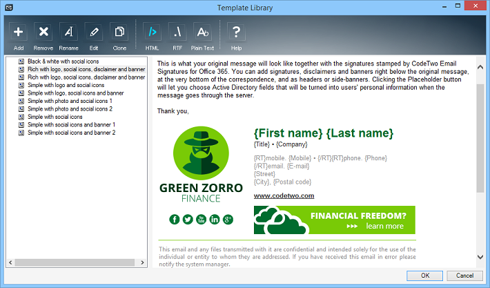 CodeTwo Email Signatures for Office 365 - Template library