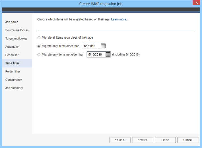 The time filter option lets you migrate items of a defined age only