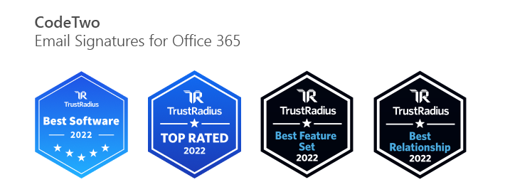 TrustRadius 2022 summary: CodeTwo Email Signatures for Office 365 named Best and Top Rated Software.