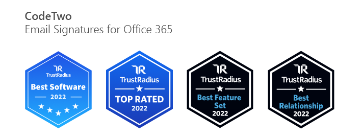 TrustRadius 2022 summary: CodeTwo Email Signatures for Office 365 named Best and Top Rated Software.