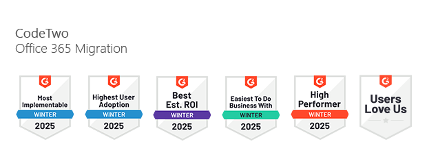 CodeTwo migration tools G2 Winter 2025 badges