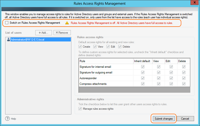 Switch on the Rules Access Rights Management functionality