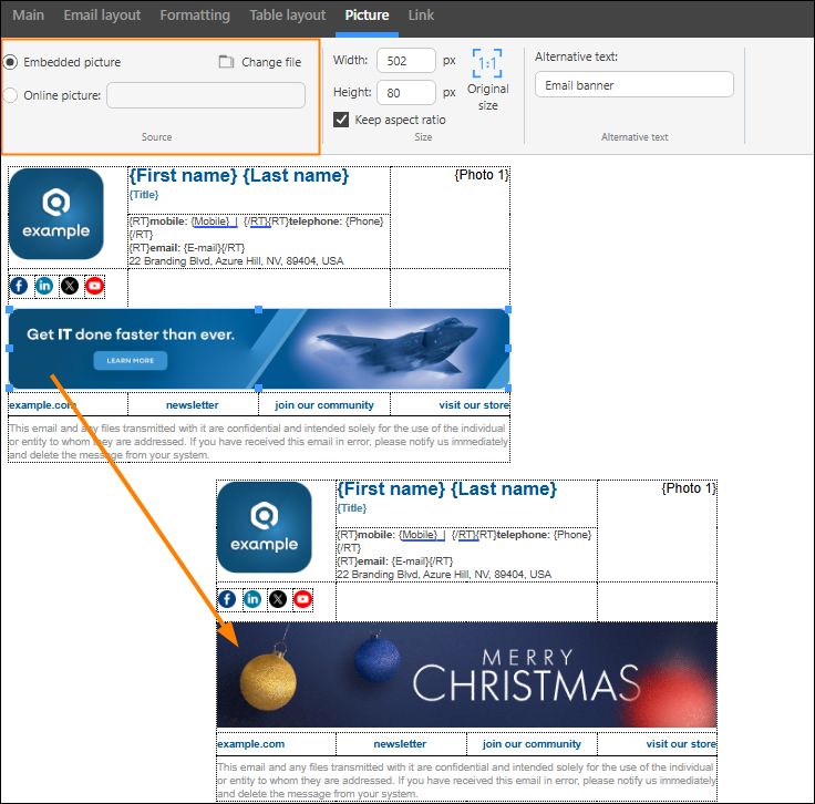 Replacing a standard company banner with a Christmas banner in the editor of CodeTwo Email Signature 365
