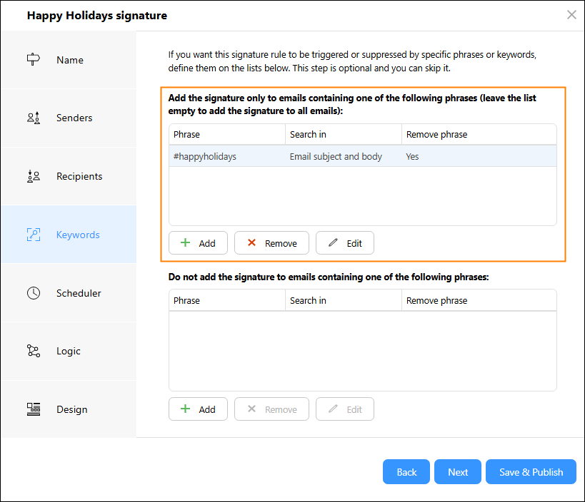 Adding keywords that will trigger signatures created in CodeTwo Email Signatures 365.