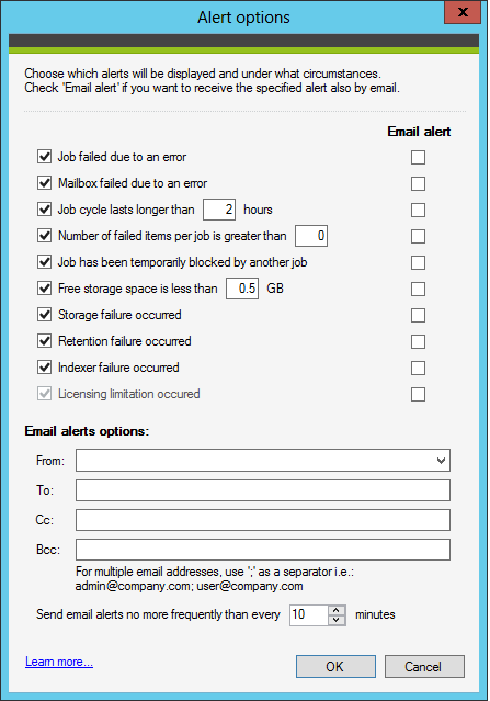 Decide what alerts and when will be displayed in the program and sent via email.