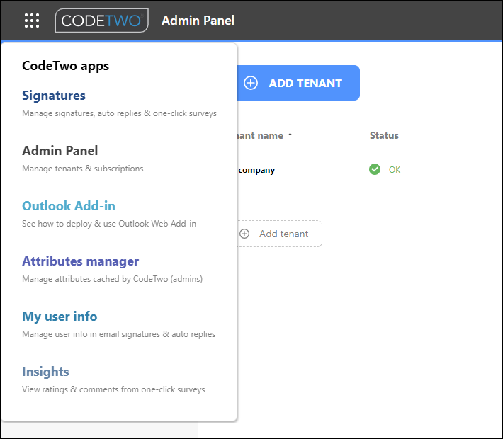 App launcher in CodeTwo Admin Panel