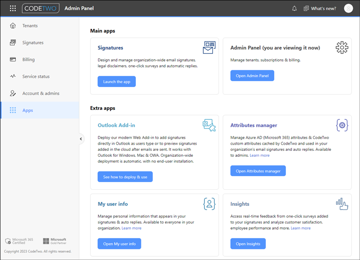 Apps page in CodeTwo Admin Panel