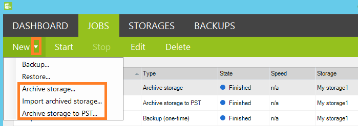 New features under the Jobs tab: Archive storage, Import archived storage and archive storge to PST.