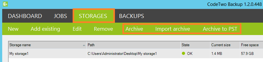 New features under the Storages tab: Archive, Import archive and Archive to PST.