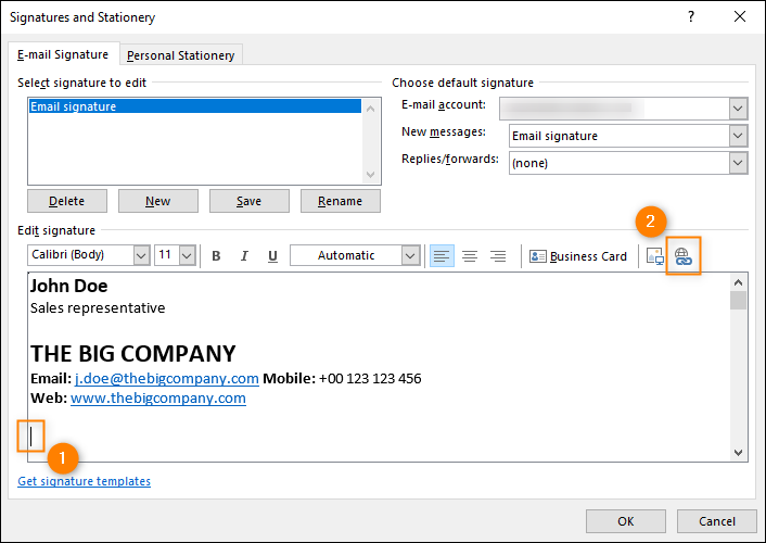 Signature and Stationery - selecting location for link