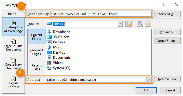 Outlook's insert hyperlink link window - adding a Teams link