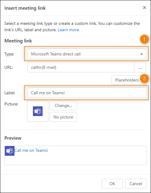 Insert meeting link window - adding a direct Teams call link