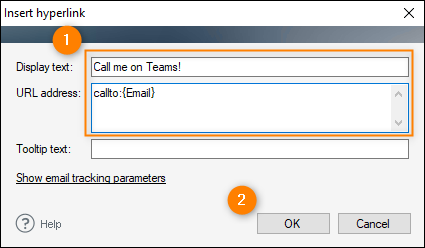 Insert hyperlink window - adding a Teams link