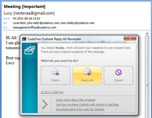 Click the Reply to All button to send the message to all recipients