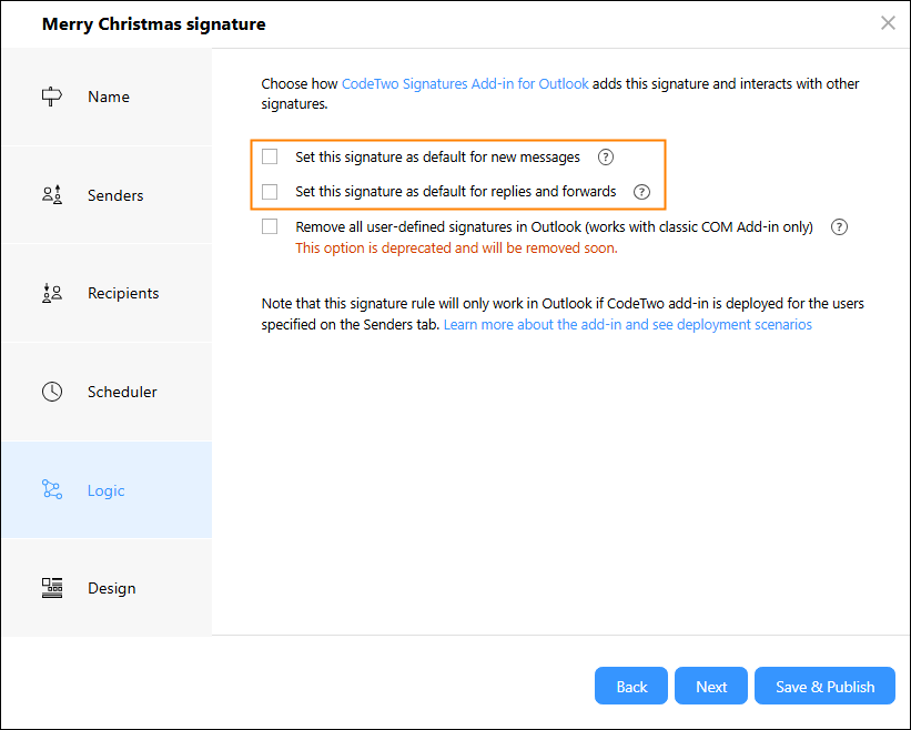 Checking default signature settings in CodeTwo Email Signatures 365.