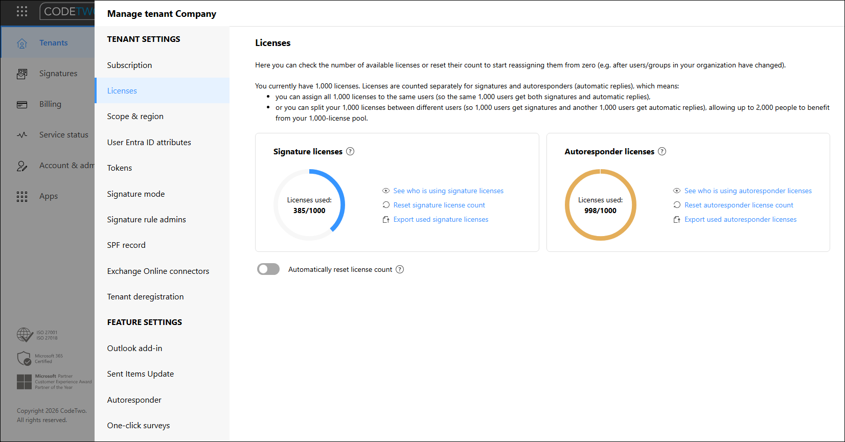 Checking the license count in CodeTwo Email Signatures 365.