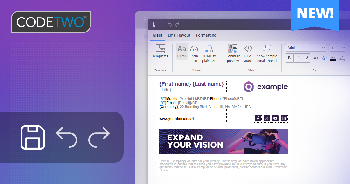 Redesigned ribbon with new options in CodeTwo signature editor