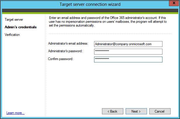 Establish a connection to Office 365 administrator's account 