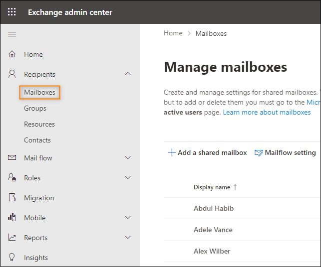 Displaying user mailboxes in the Exchange admin center (EAC).