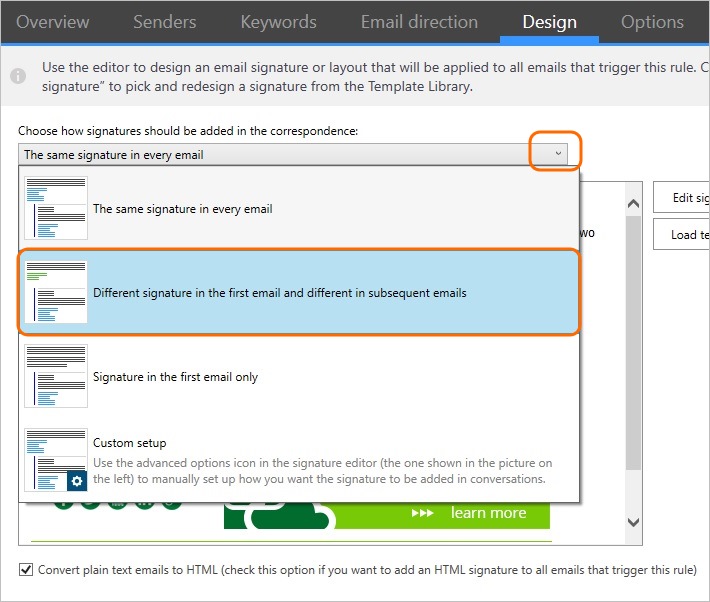 Different signatures for new emails and different for replies and forwards