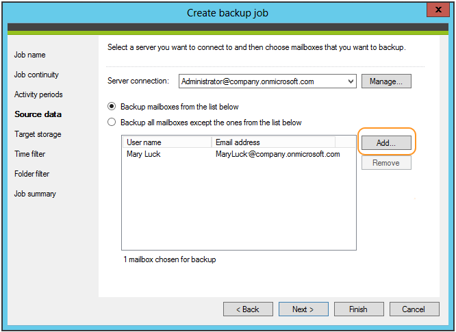 Select mailboxes that should be backed up by the program 