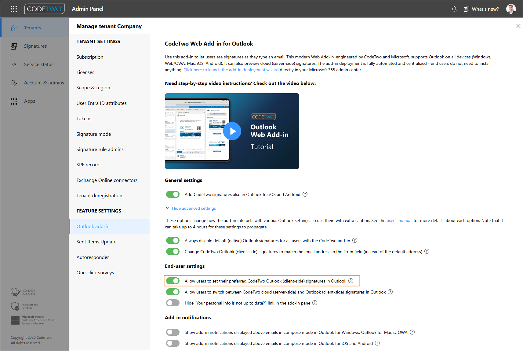 Turning on preferred signatures in CodeTwo Admin Panel.