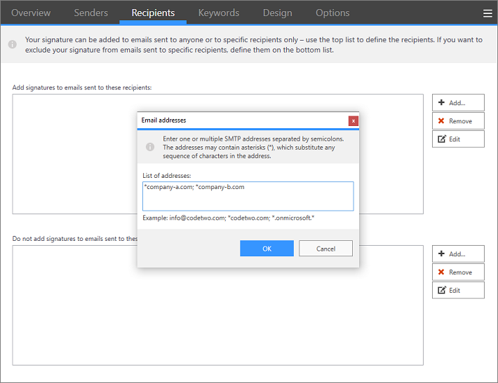 Office 365 email signatures based on email recipients - aasterisks