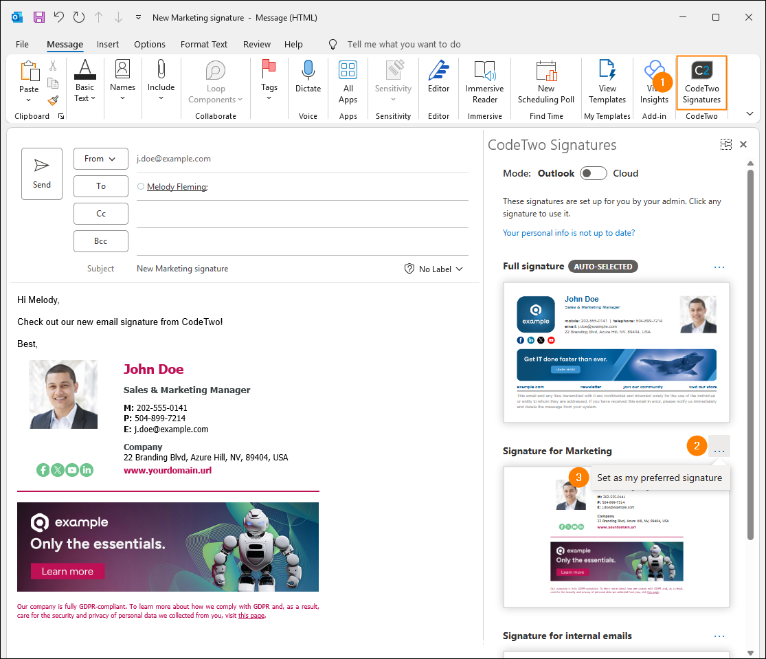 Setting a preferred CodeTwo signature in Outlook.