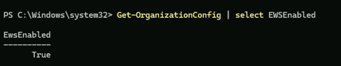 Confirmation that EWS is enabled after running the Get-OrganizationConfig cmdlet.