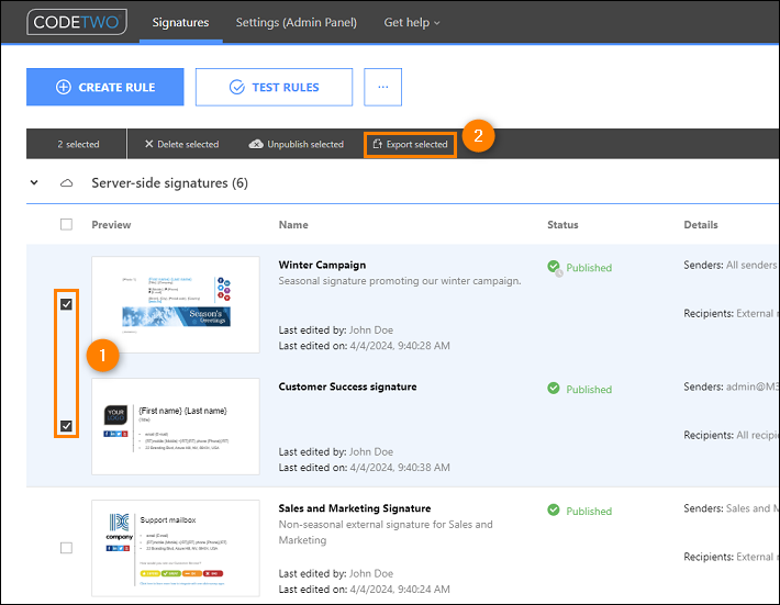 Export selected CodeTwo rules