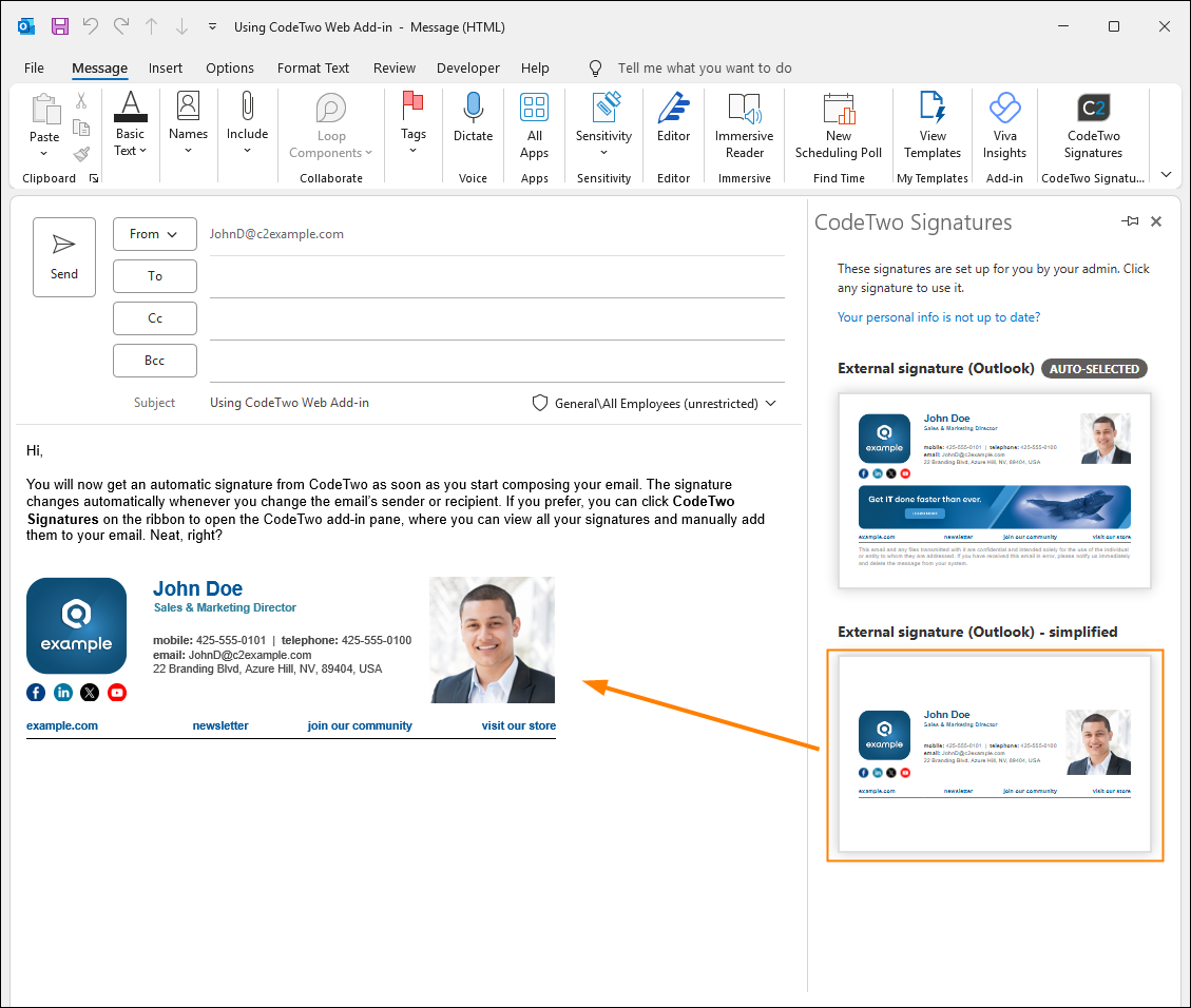 Manually inserting a signature from the add-in pane