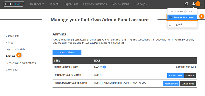 Invite admins in CodeTwo Admin Panel