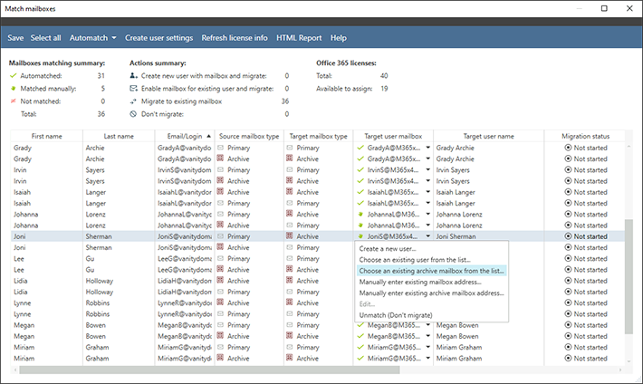 Manually cross-matching primary and archive mailboxes in the Match mailboxes window.