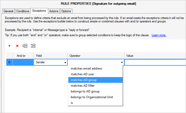 New condition in CodeTwo Exchange Rules - Sender or Recipient matches AD group.