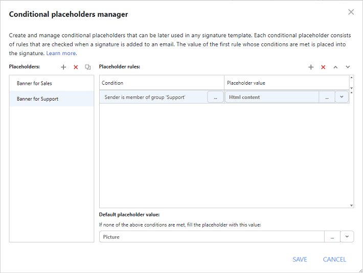 Conditional placeholders manager